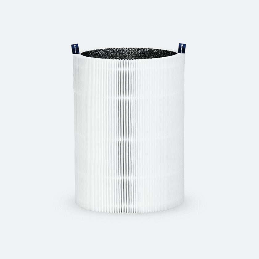 Det runde filter til Blueair Blue Max 3450i, hvidt med et sort kullag i toppen