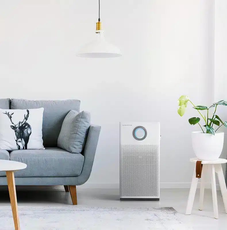 Coway Airmega Jet i en stue mellem en sofa og en skammel med en plante