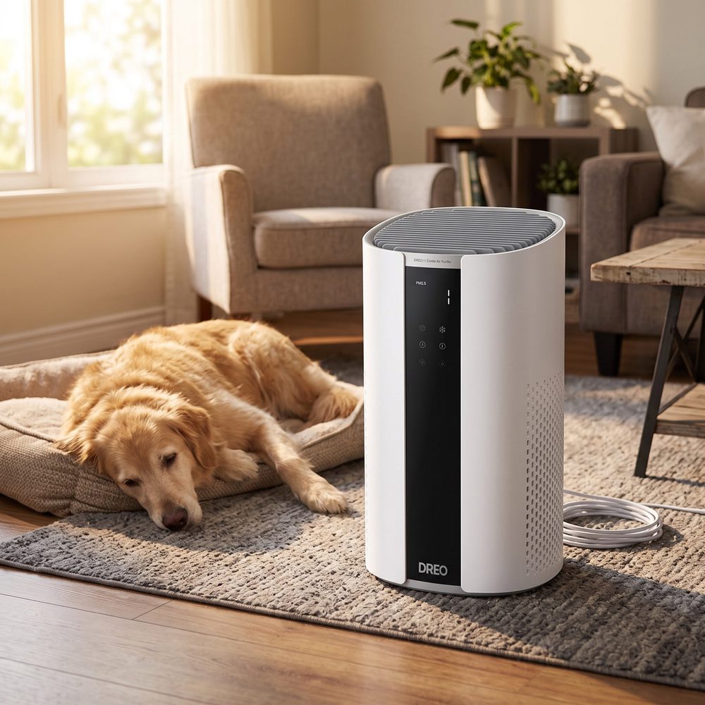 Dreo AirPure S på et tæppe i en stue ved siden af en hund, der ligger i sin kurv
