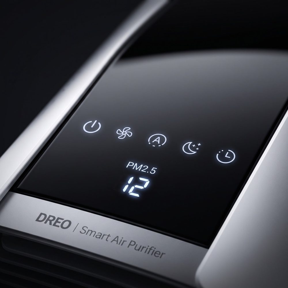 Nærbillede af displayet på Dreo AirPure S med knapper og PM2.5-tal